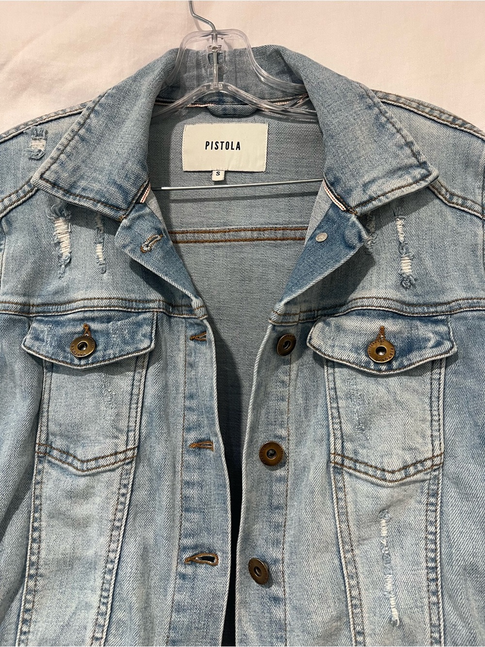 Pistola Distressed Light Wash Denim Jacket Size Small Stretch Jean Jacket